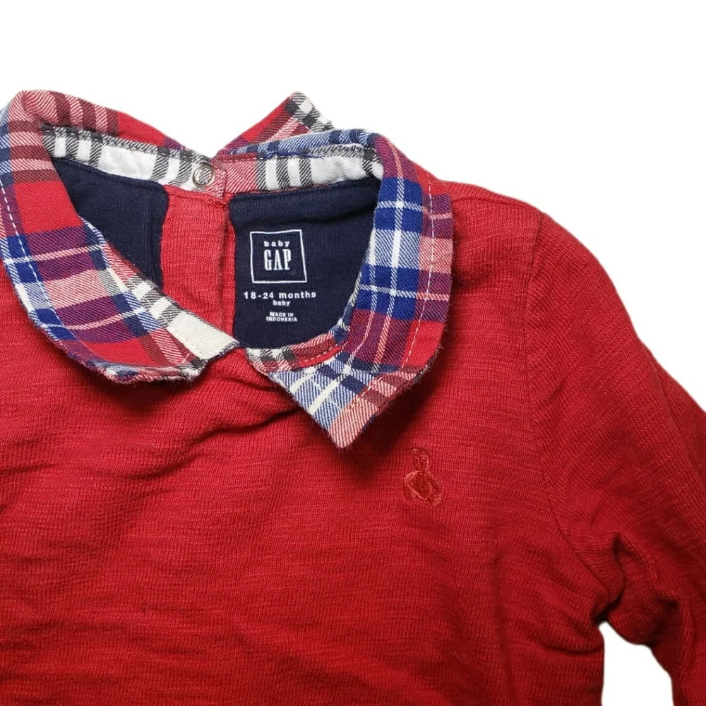 Baby Gap 18-24m Red Top with Plaid Collar and Navy Bottoms One Piece Jumpsuit